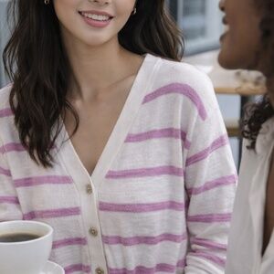 LOFT White & Soft Pink/Lavender Striped Button Cardigan Sweater – Lightweight